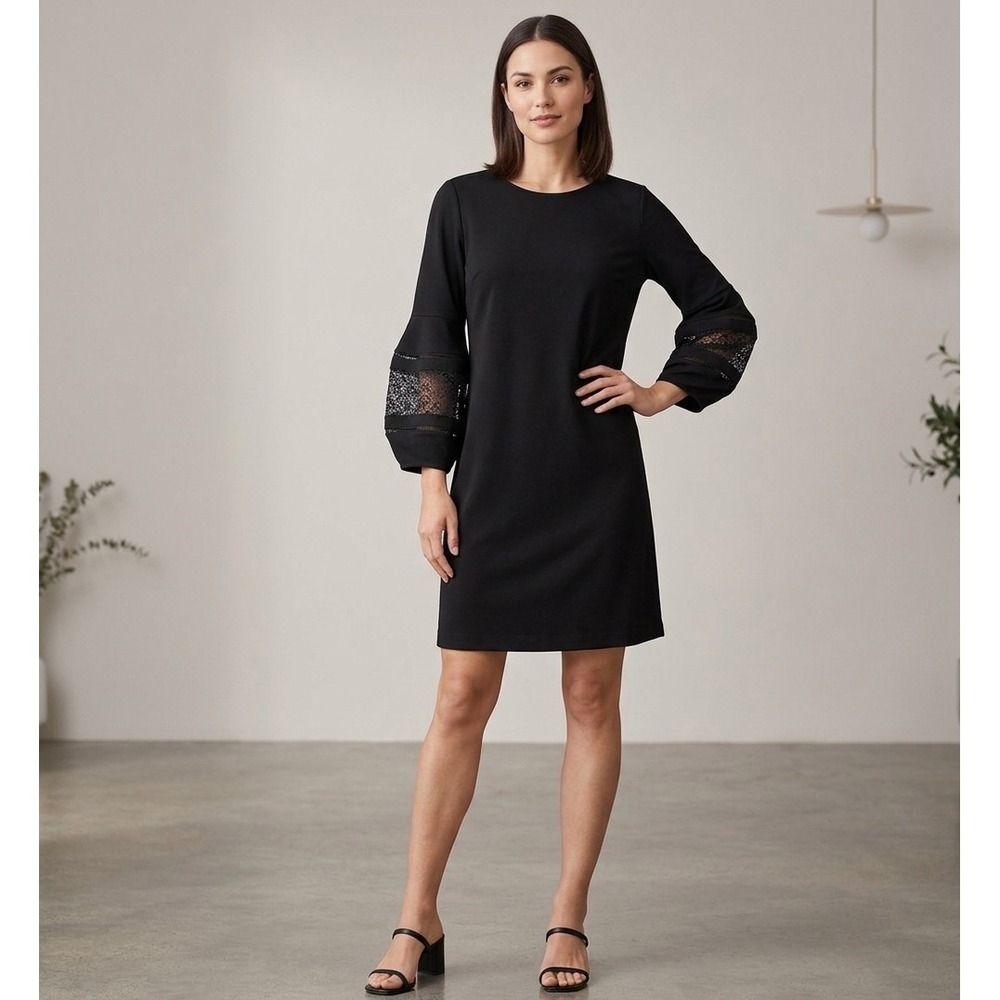 Chico's Womens Eyelet Balloon Sleeve A Line Ponte Dress Size US 14 Black Career